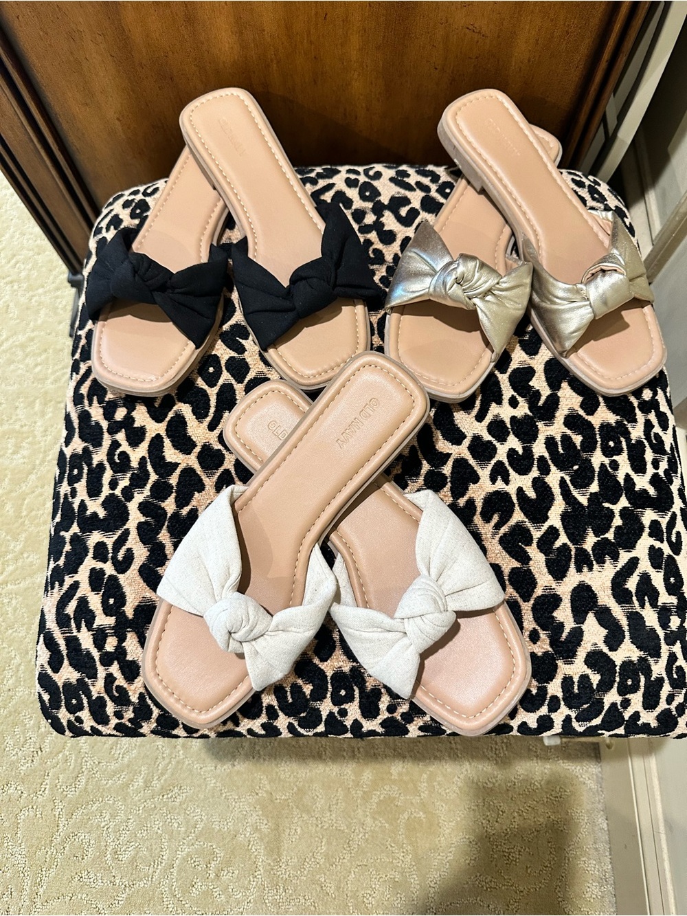 3 Pair of Old Navy Knot-Detail Slide Sandals — Black, Gold, White